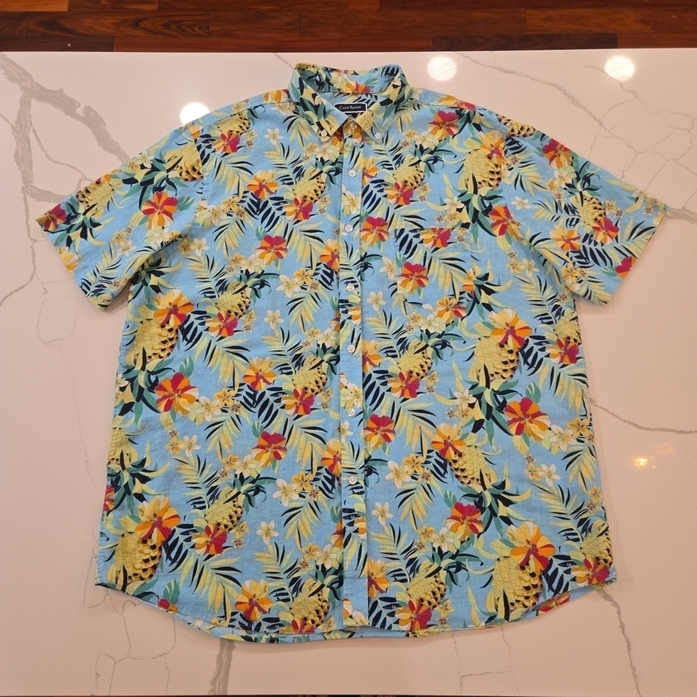 Linen Cotton Pineapple Floral Tropical Hawaiian Short Sleeve Button Down XXL